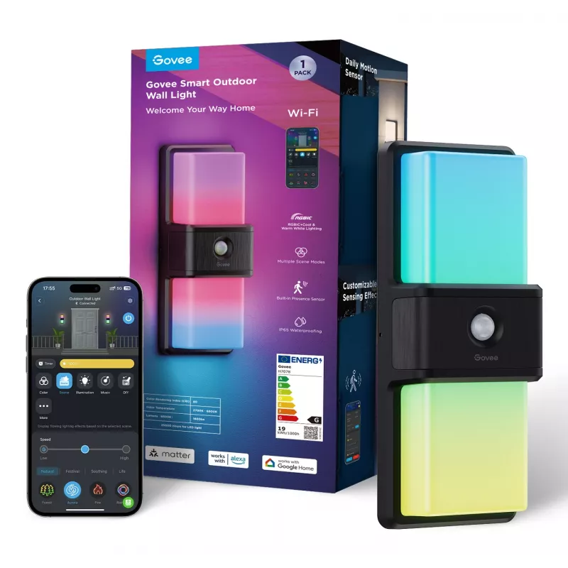 Aplique de parede exterior Govee H7078CD1 inteligente com mudança de cor RGB, controlo Wi-Fi/app