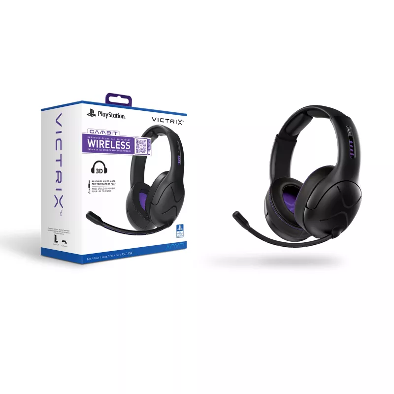 Headset VICTRIX Gambit Wireless — com fio & sem fios, 20–20000 Hz, cabo de 2 m, 301 g, preto/roxo