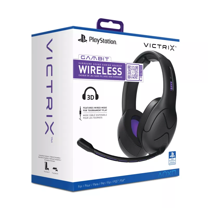 Headset VICTRIX Gambit Wireless — com fio & sem fios, 20–20000 Hz, cabo de 2 m, 301 g, preto/roxo