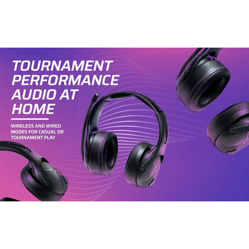 Headset VICTRIX Gambit Wireless — com fio & sem fios, 20–20000 Hz, cabo de 2 m, 301 g, preto/roxo