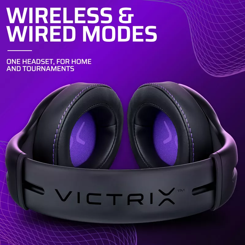 Headset VICTRIX Gambit Wireless — com fio & sem fios, 20–20000 Hz, cabo de 2 m, 301 g, preto/roxo