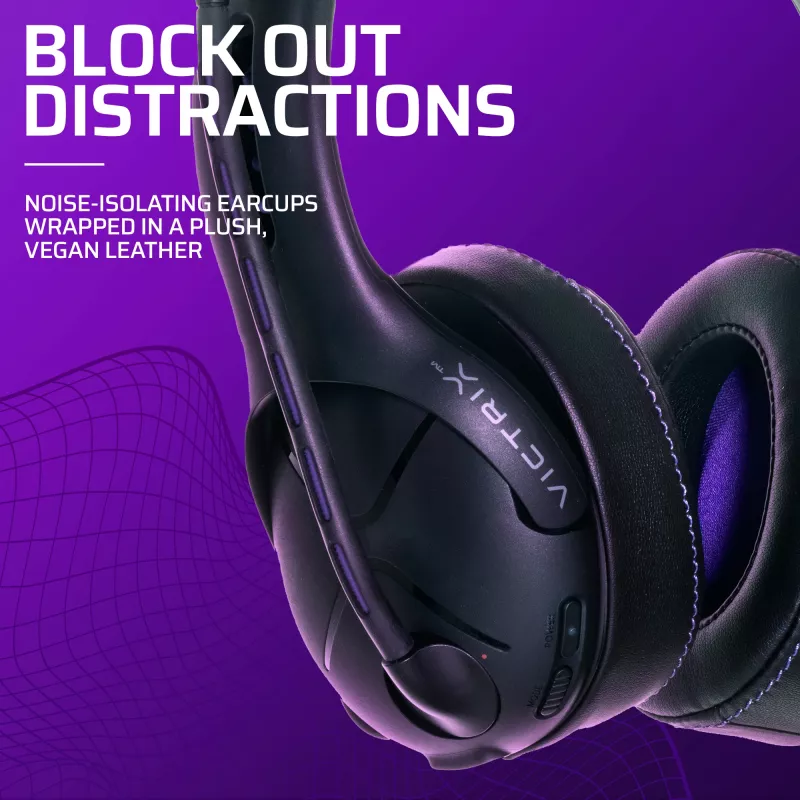Headset VICTRIX Gambit Wireless — com fio & sem fios, 20–20000 Hz, cabo de 2 m, 301 g, preto/roxo