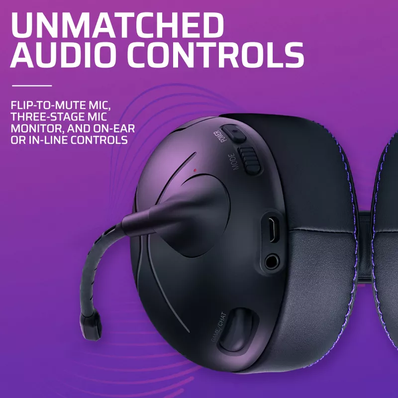 Headset VICTRIX Gambit Wireless — com fio & sem fios, 20–20000 Hz, cabo de 2 m, 301 g, preto/roxo