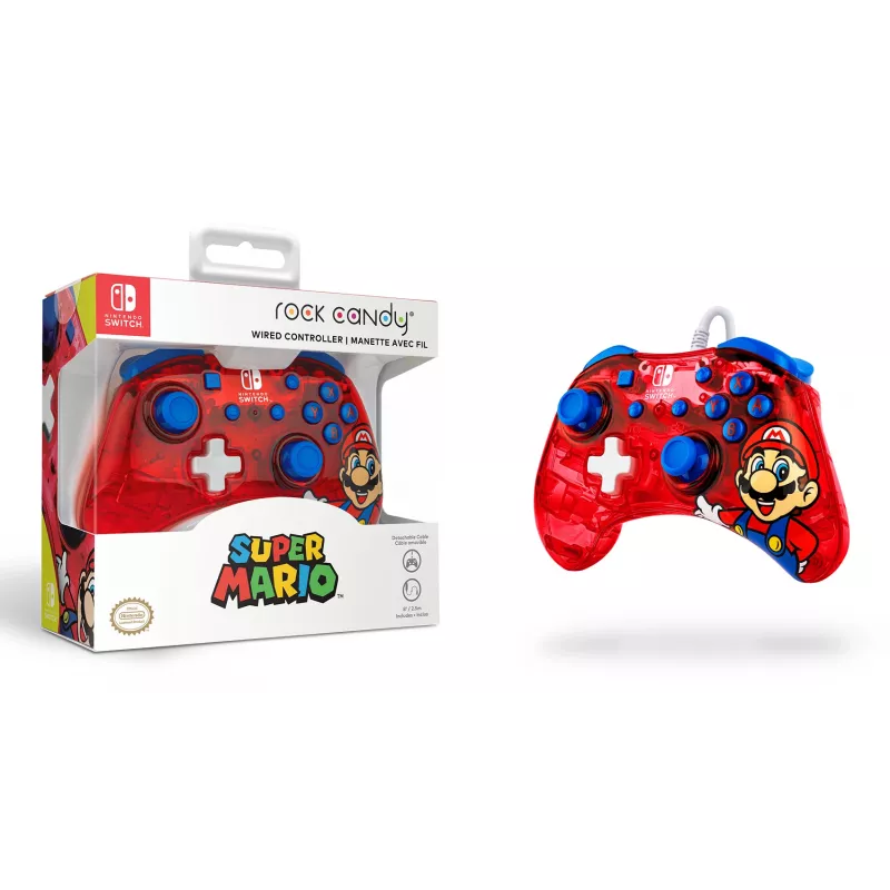 PDP Rock Candy: Mario Punch Vermelho, Comando USB Translúcido Analógico/Digital Nintendo Switch, Nintendo Switch Lite, Nintendo Switch OLED