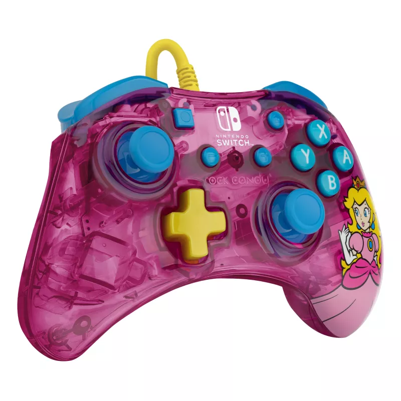 PDP Rock Candy: Bubblegum Peach Rosa, Comando USB Transparente Analógico / Digital Nintendo Switch, Nintendo Switch Lite, Nintendo Switch OLED