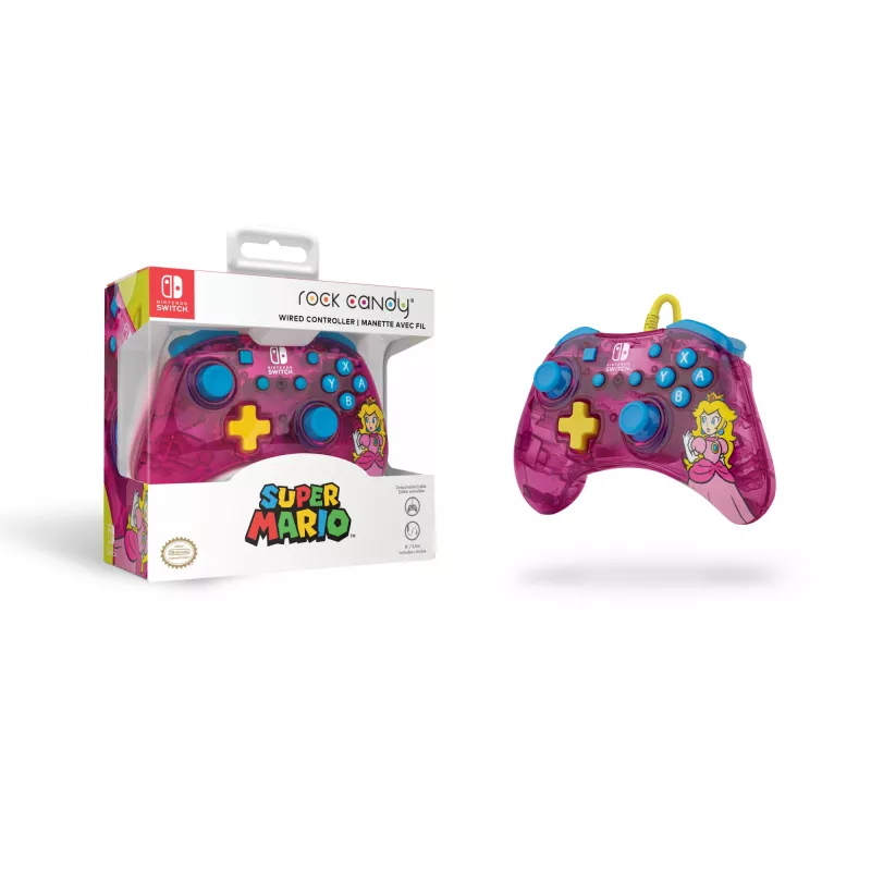 PDP Rock Candy: Bubblegum Peach Rosa, Comando USB Transparente Analógico / Digital Nintendo Switch, Nintendo Switch Lite, Nintendo Switch OLED