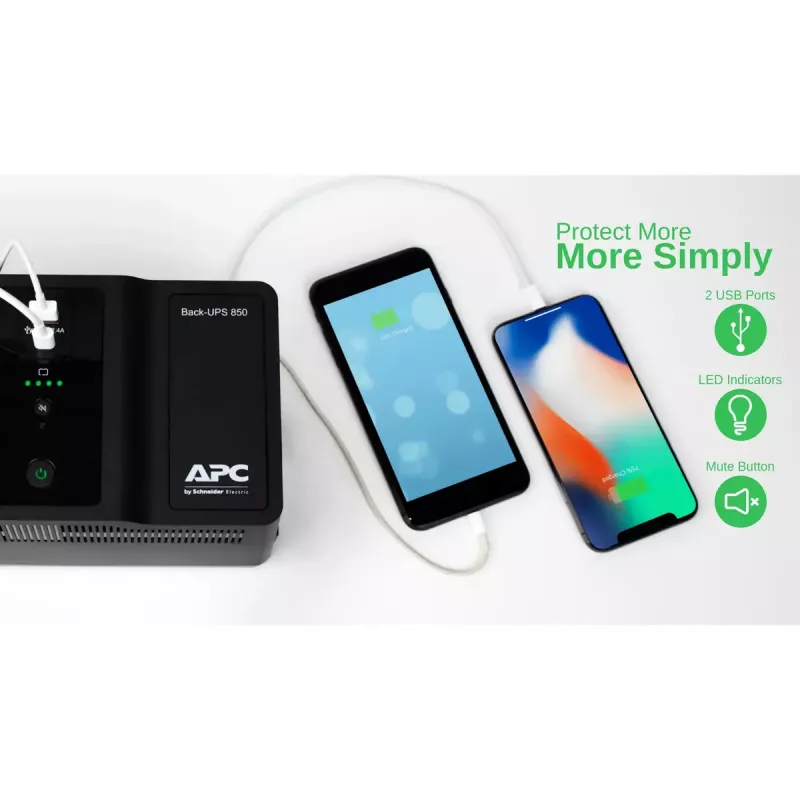 APC Back-UPS BE850G2-UK - 8 tomadas BS 1363, 850VA, 2 carregadores USB, 1 porta de dados USB