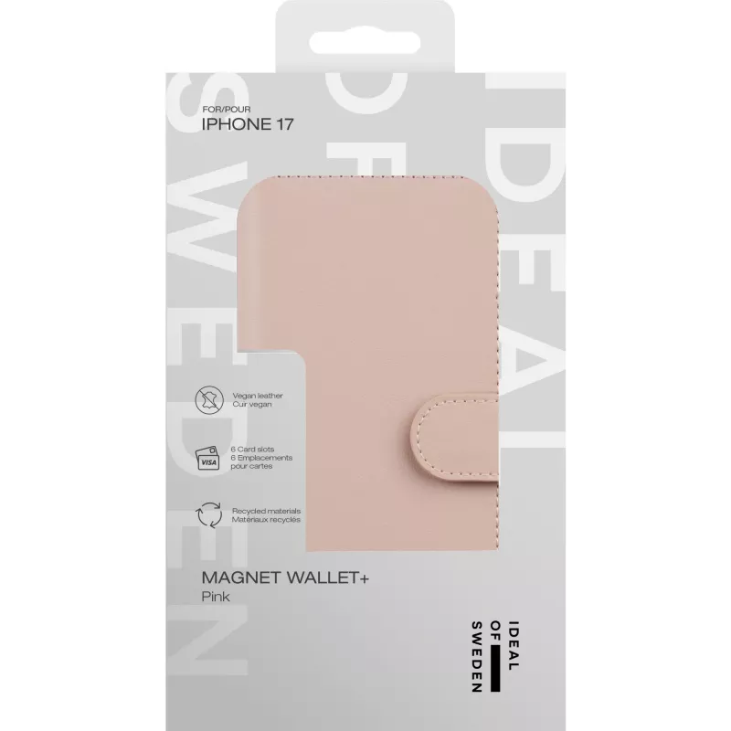 Carteira magnética iDeal of Sweden Magnet Wallet+ iPhone 17 rosa, capa flip, Apple, iPhone 17, 16 cm (6,3 inch), rosa