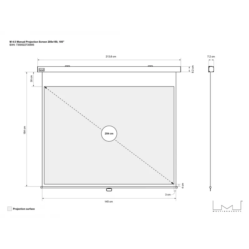 Tela de projeção manual Multibrackets M 4:3 200x150, 100 inch