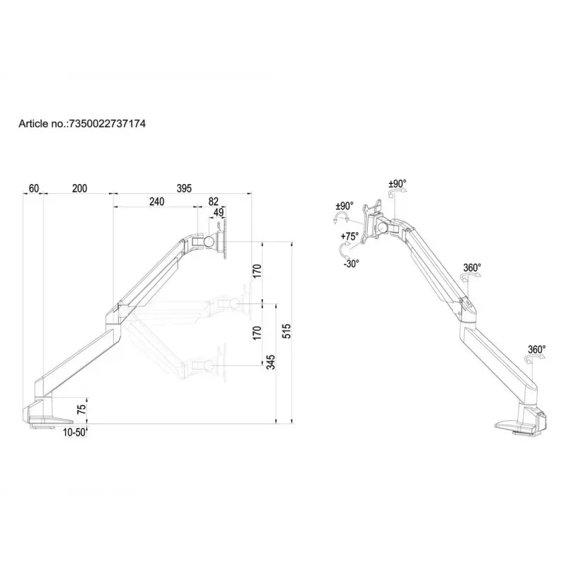 Braço com elevação a gás Multibrackets M VESA Gas Lift Arm Single preto