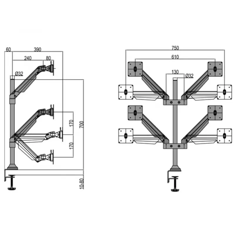 Braço com elevação a gás Multibrackets M VESA Gas Lift Arm Quad preto 40 kg 15-32