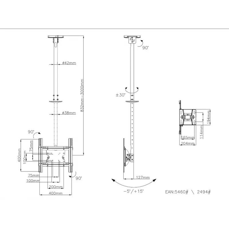 Multibrackets M Public Ceilingmount Medium Single White 3000 Capacidade máxima 30 kg Tamanho mínimo do ecrã 32 polegadas Tamanho máximo do ecrã 55 polegadas