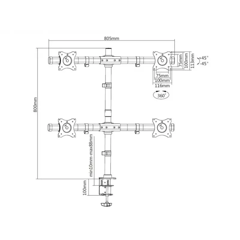 Multibrackets M Deskmount Basic Quad, grampo/passagem, 32 kg, 38,1 cm (15 polegadas), 68,6 cm (27 polegadas), 100 x 100 mm, preto