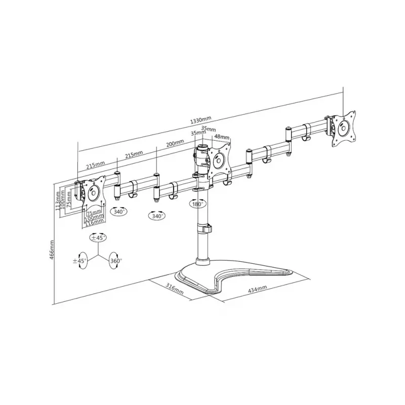 Suporte de mesa para monitor MULTIBRACKETS M Deskstand Basic Triple — 3 vias, VESA 75x75–100x100, suporta até 24 kg, para ecrãs de 15 a 27 polegadas, preto