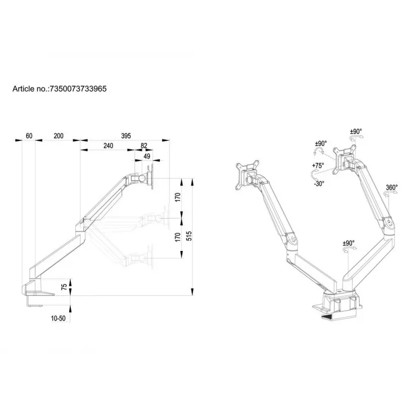 Multibrackets M VESA Gas Lift Arm Dual Side by Side preto grampo 20 kg 15-32 polegadas
