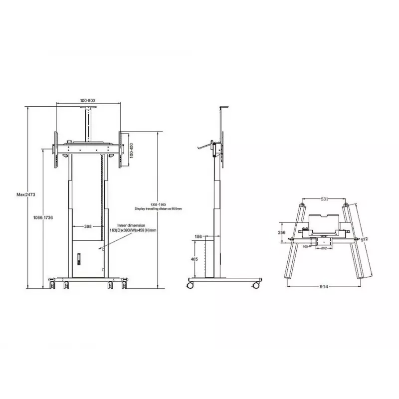Multibrackets M Motorized Floorstand 120 kg preto incl. armário e prateleira para câmara