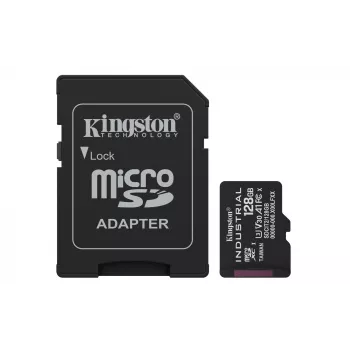 Cartão MicroSDXC Kingston 128 GB Industrial C10 A1 pSLC UHS-I, 100 MB/s leitura, 80 MB/s escrita, V30/U3, preto + adaptador SD