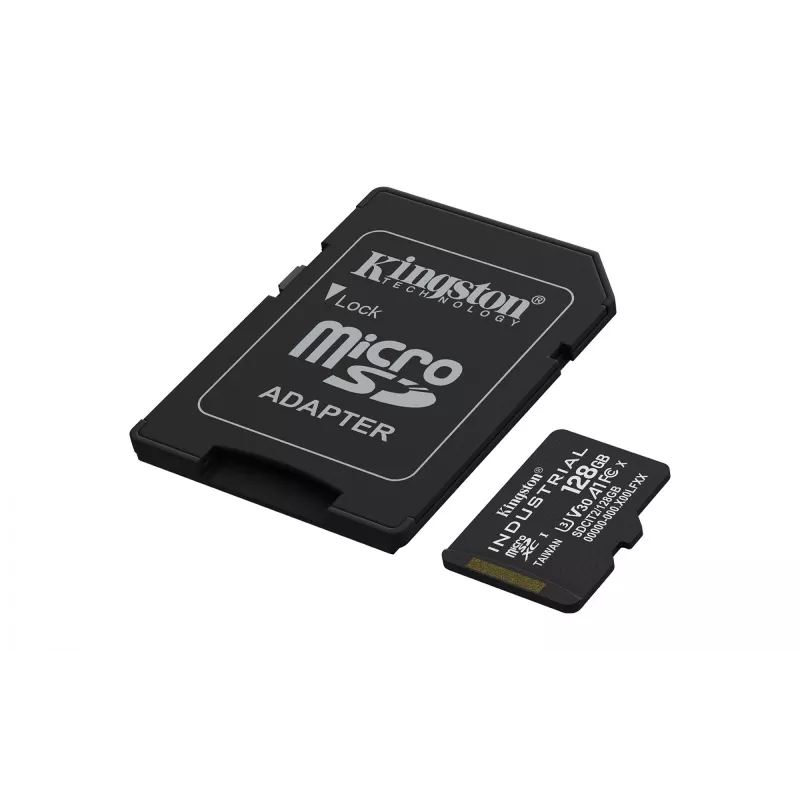 Cartão MicroSDXC Kingston 128 GB Industrial C10 A1 pSLC UHS-I, 100 MB/s leitura, 80 MB/s escrita, V30/U3, preto + adaptador SD
