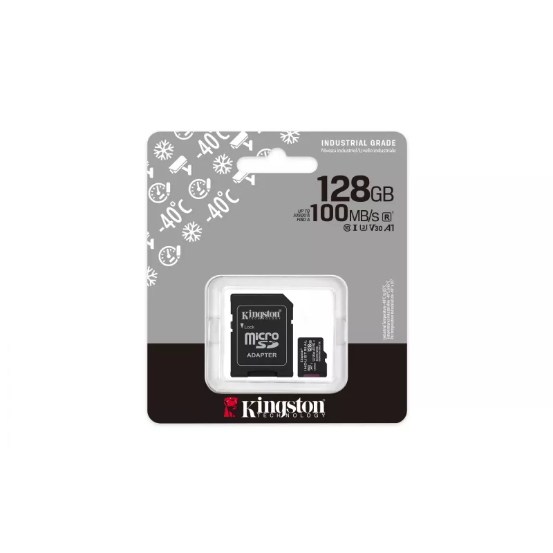 Cartão MicroSDXC Kingston 128 GB Industrial C10 A1 pSLC UHS-I, 100 MB/s leitura, 80 MB/s escrita, V30/U3, preto + adaptador SD