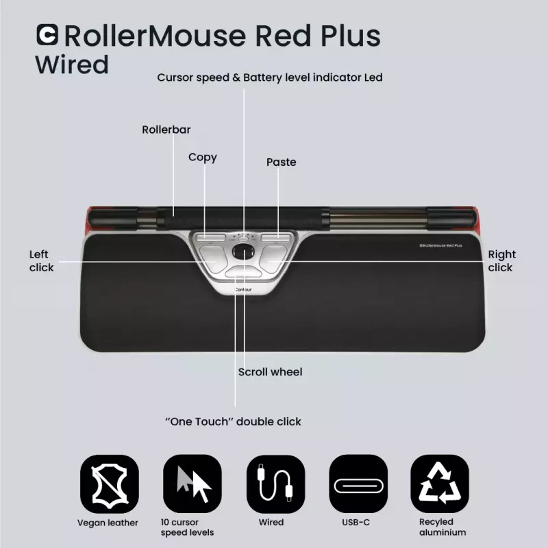 Rato ergonómico com fios Contour Design RollerMouse Red Plus USB-C 2800 DPI