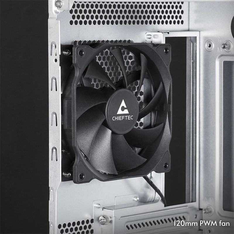 Caixa de computador CHIEFTEC BW-01B-OP midi tower ATX/ITX, suporta 6×3,5 polegadas + 4×2,5 polegadas, 2×5,25 polegadas, traseira 1×120 mm, SGCC, preto, 200×510×465 mm