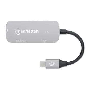 Dock/hub USB-C Manhattan, portas (x3): HDMI, USB-A e USB-C, com Power Delivery (PD) 100 W – requer carregador USB-C externo (não incluído). Alimentado por USB (não requer fonte de alimentação externa) quando o PD não é utilizado, alumínio