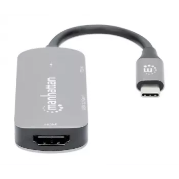 Dock/hub USB-C Manhattan, portas (x3): HDMI, USB-A e USB-C, com Power Delivery (PD) 100 W – requer carregador USB-C externo (não incluído). Alimentado por USB (não requer fonte de alimentação externa) quando o PD não é utilizado, alumínio