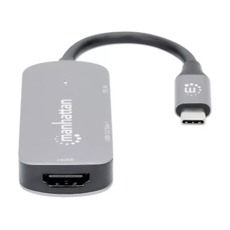 Dock/hub USB-C Manhattan, portas (x3): HDMI, USB-A e USB-C, com Power Delivery (PD) 100 W – requer carregador USB-C externo (não incluído). Alimentado por USB (não requer fonte de alimentação externa) quando o PD não é utilizado, alumínio