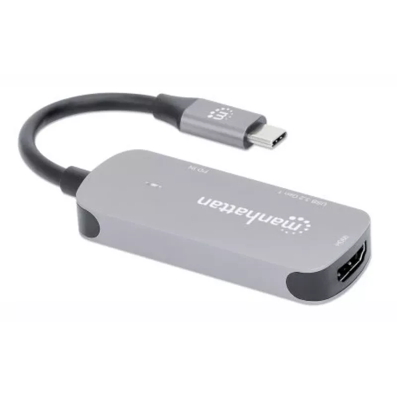 Dock/hub USB-C Manhattan, portas (x3): HDMI, USB-A e USB-C, com Power Delivery (PD) 100 W – requer carregador USB-C externo (não incluído). Alimentado por USB (não requer fonte de alimentação externa) quando o PD não é utilizado, alumínio