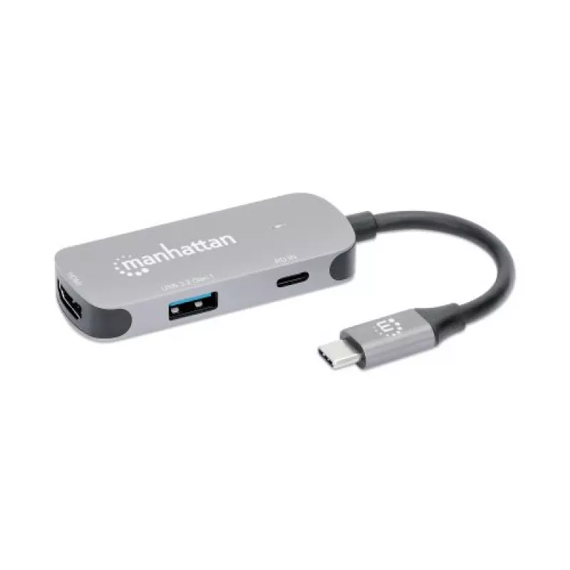Dock/hub USB-C Manhattan, portas (x3): HDMI, USB-A e USB-C, com Power Delivery (PD) 100 W – requer carregador USB-C externo (não incluído). Alimentado por USB (não requer fonte de alimentação externa) quando o PD não é utilizado, alumínio