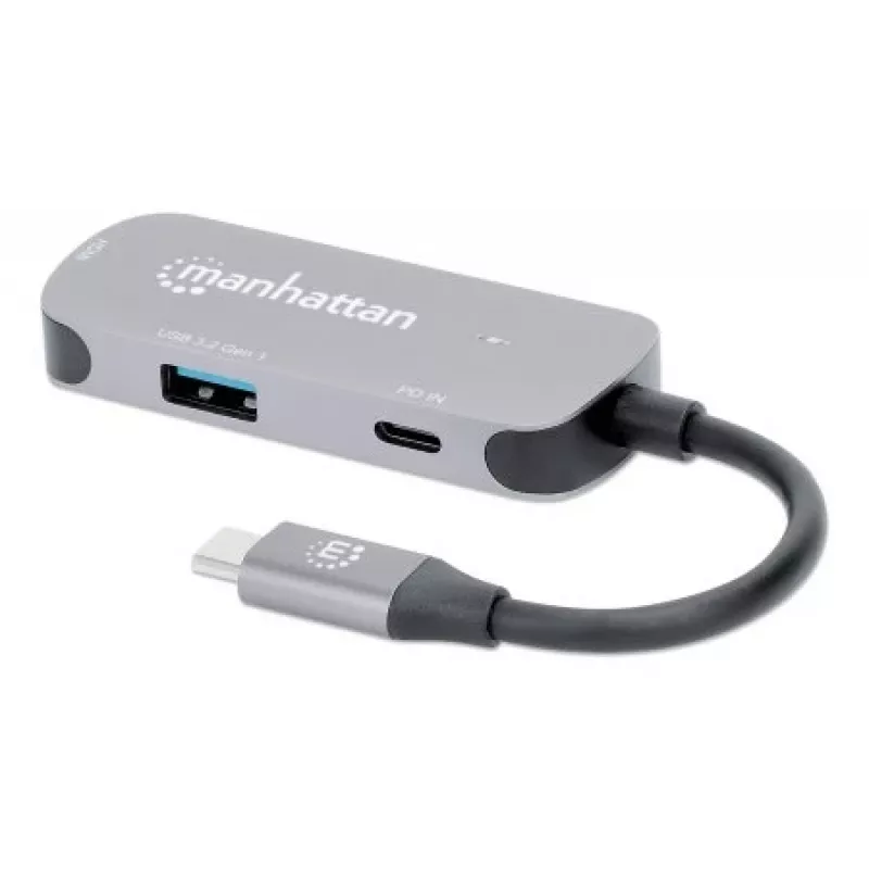 Dock/hub USB-C Manhattan, portas (x3): HDMI, USB-A e USB-C, com Power Delivery (PD) 100 W – requer carregador USB-C externo (não incluído). Alimentado por USB (não requer fonte de alimentação externa) quando o PD não é utilizado, alumínio