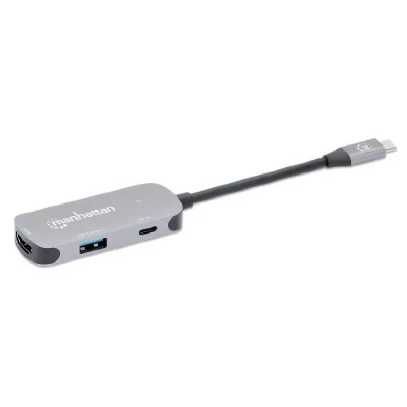 Dock/hub USB-C Manhattan, portas (x3): HDMI, USB-A e USB-C, com Power Delivery (PD) 100 W – requer carregador USB-C externo (não incluído). Alimentado por USB (não requer fonte de alimentação externa) quando o PD não é utilizado, alumínio