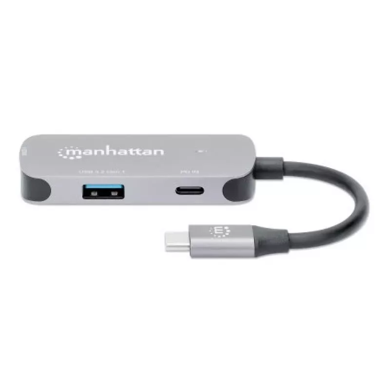 Dock/hub USB-C Manhattan, portas (x3): HDMI, USB-A e USB-C, com Power Delivery (PD) 100 W – requer carregador USB-C externo (não incluído). Alimentado por USB (não requer fonte de alimentação externa) quando o PD não é utilizado, alumínio