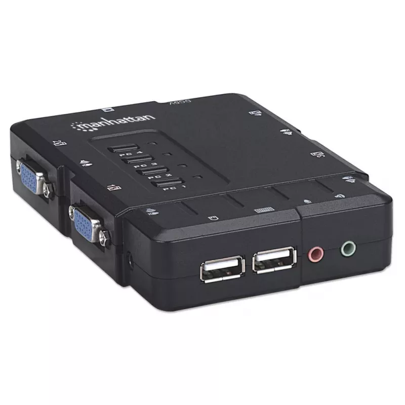 Comutador KVM Manhattan compacto 4 portas, 4x USB-A, cabo incluído, suporte de áudio, controle 4 computadores através de um teclado/rato/ecrã, preto, garantia vitalícia, embalado