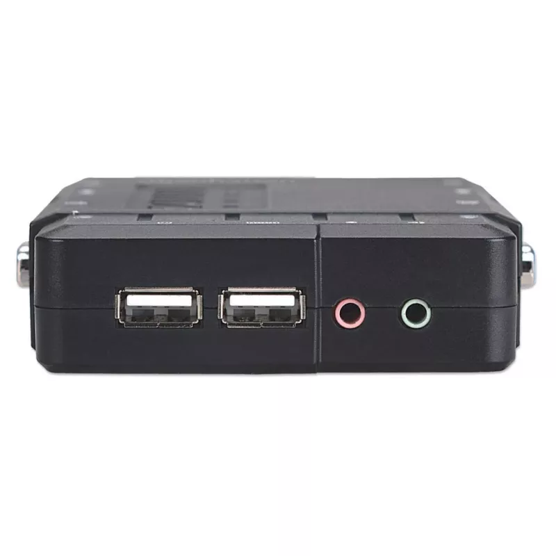 Comutador KVM Manhattan compacto 4 portas, 4x USB-A, cabo incluído, suporte de áudio, controle 4 computadores através de um teclado/rato/ecrã, preto, garantia vitalícia, embalado