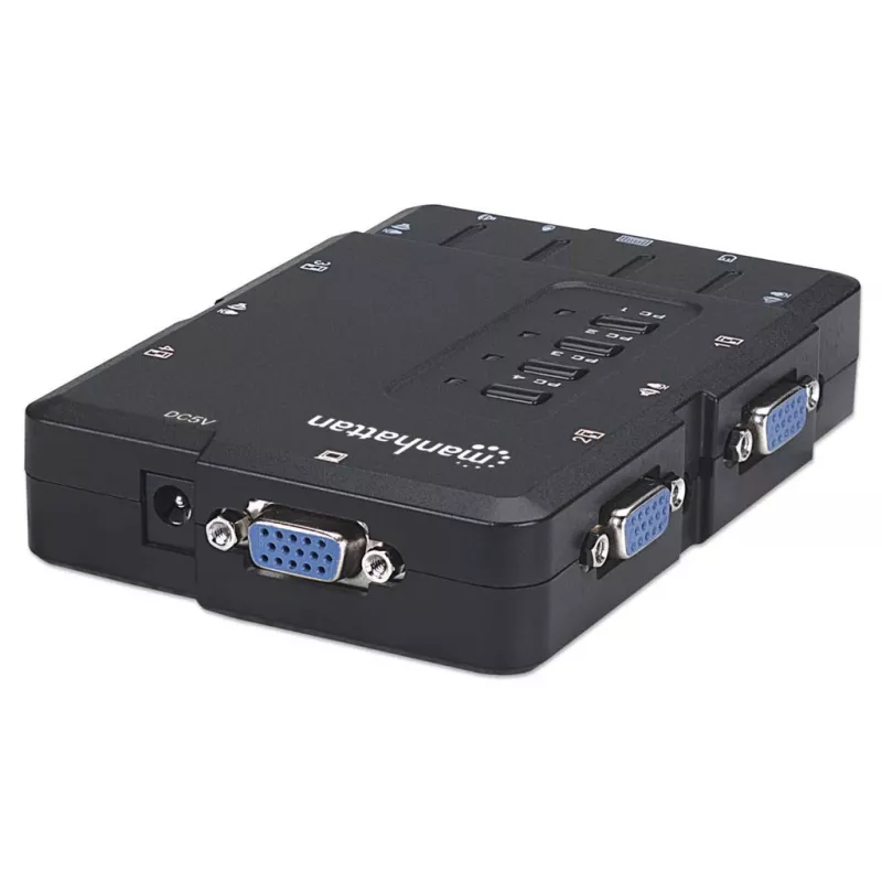 Comutador KVM Manhattan compacto 4 portas, 4x USB-A, cabo incluído, suporte de áudio, controle 4 computadores através de um teclado/rato/ecrã, preto, garantia vitalícia, embalado