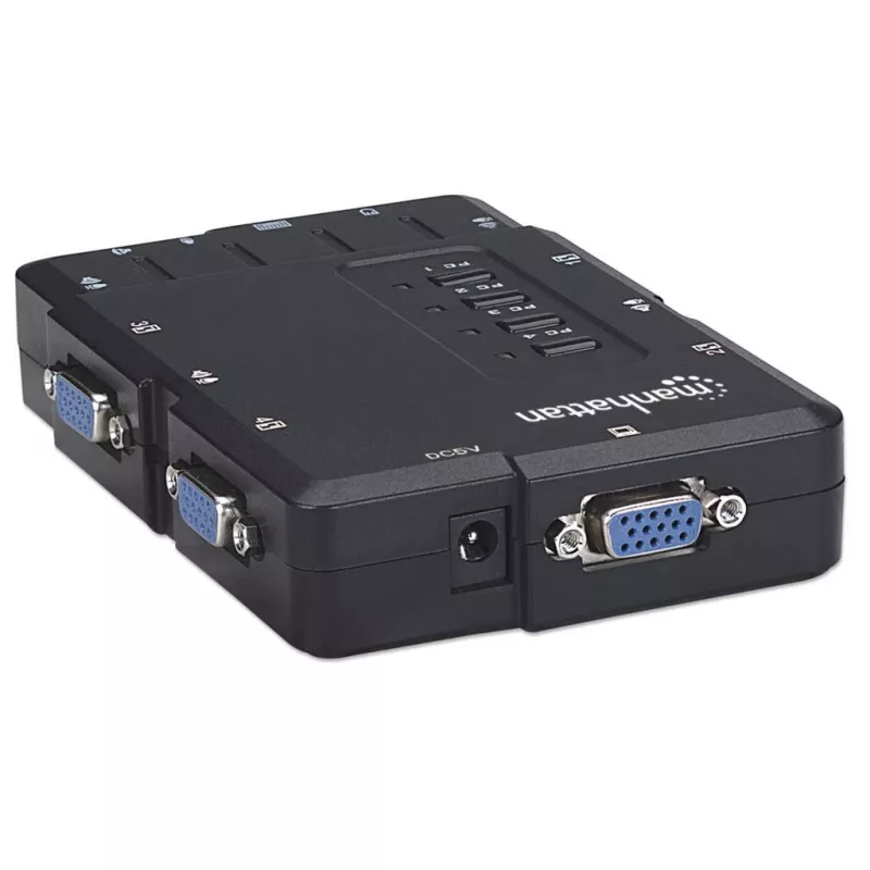 Comutador KVM Manhattan compacto 4 portas, 4x USB-A, cabo incluído, suporte de áudio, controle 4 computadores através de um teclado/rato/ecrã, preto, garantia vitalícia, embalado