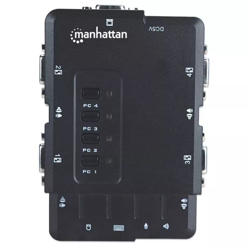 Comutador KVM Manhattan compacto 4 portas, 4x USB-A, cabo incluído, suporte de áudio, controle 4 computadores através de um teclado/rato/ecrã, preto, garantia vitalícia, embalado