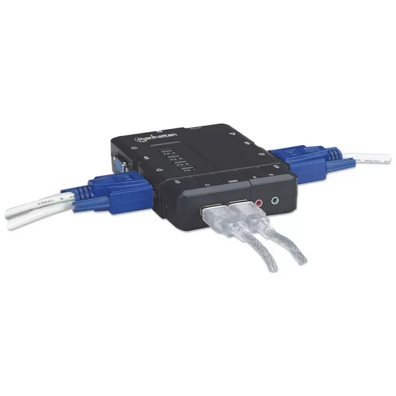 Comutador KVM Manhattan compacto 4 portas, 4x USB-A, cabo incluído, suporte de áudio, controle 4 computadores através de um teclado/rato/ecrã, preto, garantia vitalícia, embalado