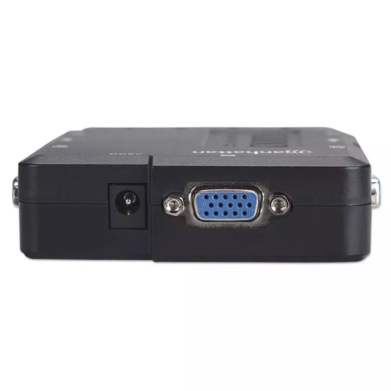 Comutador KVM Manhattan compacto 4 portas, 4x USB-A, cabo incluído, suporte de áudio, controle 4 computadores através de um teclado/rato/ecrã, preto, garantia vitalícia, embalado