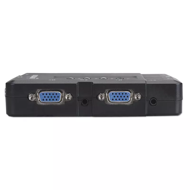 Comutador KVM Manhattan compacto 4 portas, 4x USB-A, cabo incluído, suporte de áudio, controle 4 computadores através de um teclado/rato/ecrã, preto, garantia vitalícia, embalado