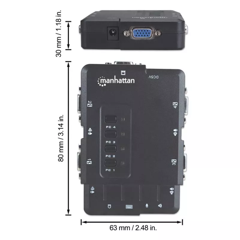 Comutador KVM Manhattan compacto 4 portas, 4x USB-A, cabo incluído, suporte de áudio, controle 4 computadores através de um teclado/rato/ecrã, preto, garantia vitalícia, embalado