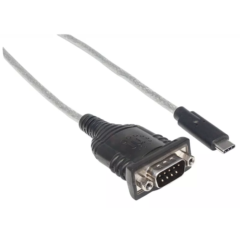 Conversor USB-C para série Manhattan, ficha macho para ficha macho, USB-C para porta série/RS232/COM/DB9, chipset Prolific PL-2303RA-Chipsatz, cabo 45 cm, prateado/preto, saco de plástico