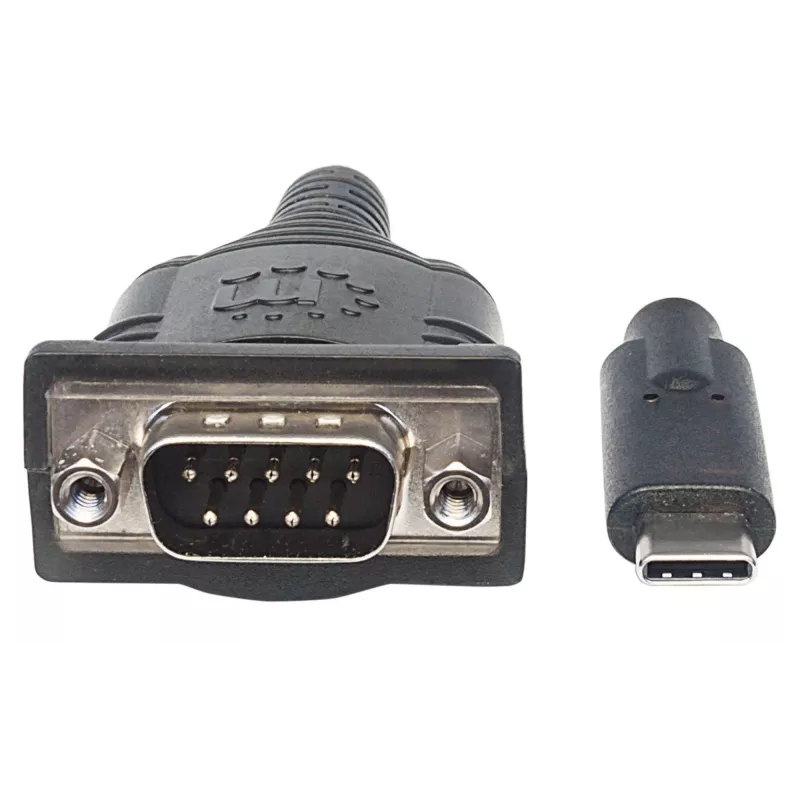 Conversor USB-C para série Manhattan, ficha macho para ficha macho, USB-C para porta série/RS232/COM/DB9, chipset Prolific PL-2303RA-Chipsatz, cabo 45 cm, prateado/preto, saco de plástico