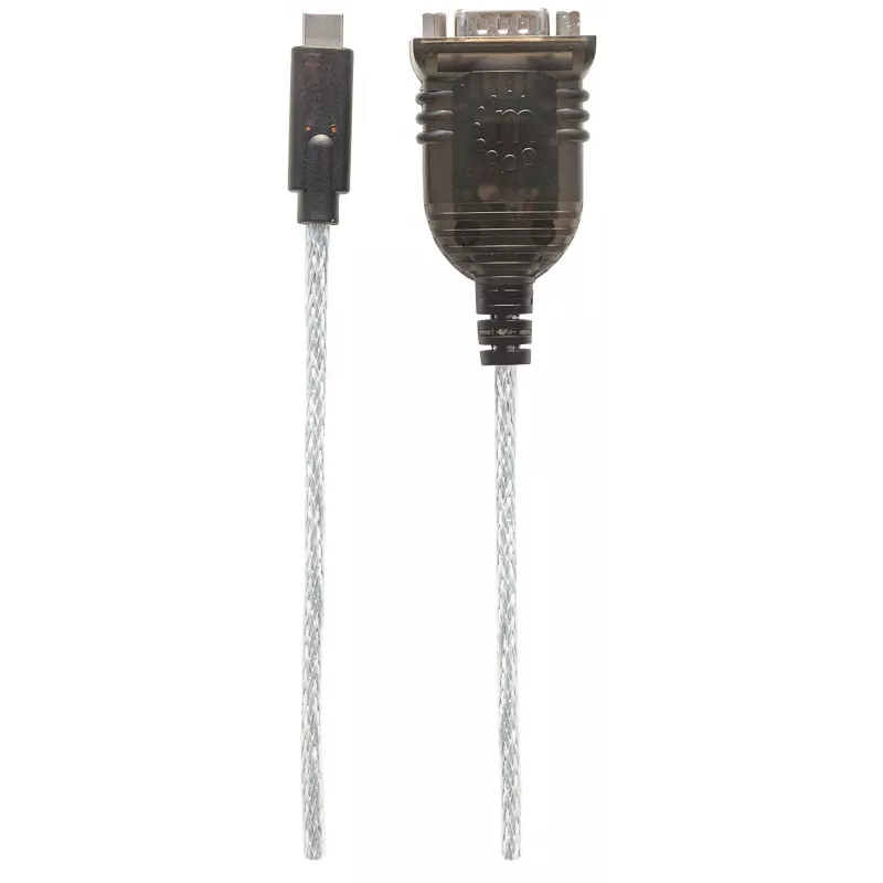 Conversor USB-C para série Manhattan, ficha macho para ficha macho, USB-C para porta série/RS232/COM/DB9, chipset Prolific PL-2303RA-Chipsatz, cabo 45 cm, prateado/preto, saco de plástico