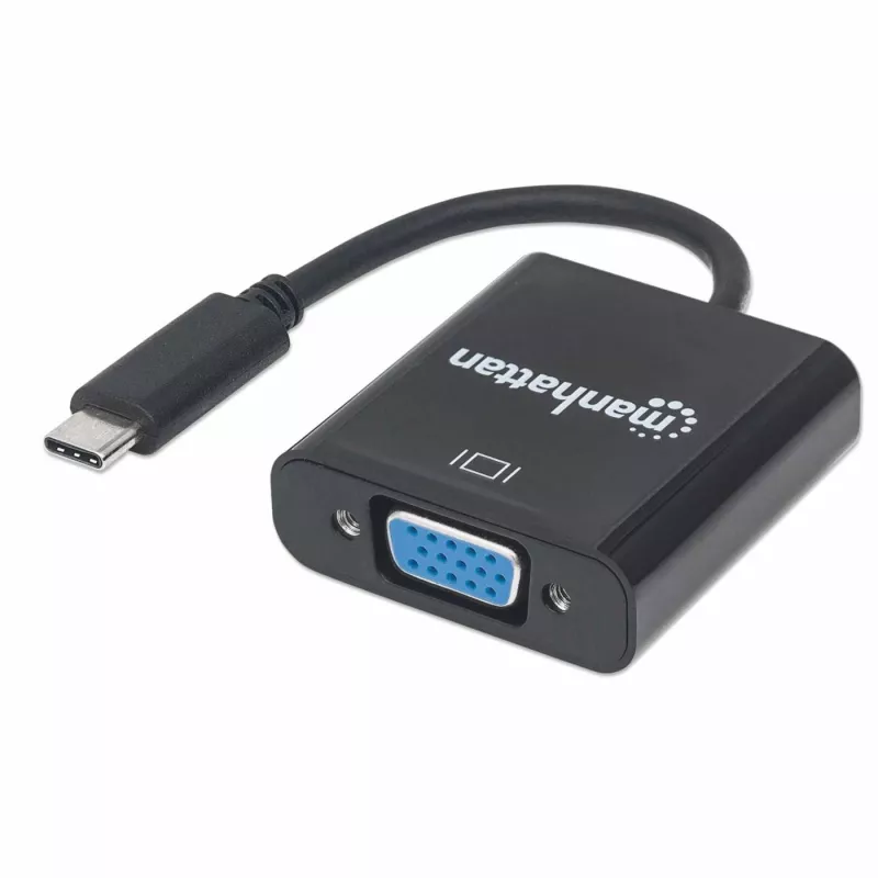 Cabo conversor USB-C para VGA Manhattan, 1080p@60Hz, preto, 8 cm, ficha macho para ficha fêmea, garantia vitalícia, equivalente a CDP2HD