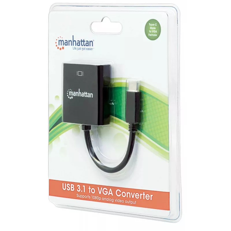 Cabo conversor USB-C para VGA Manhattan, 1080p@60Hz, preto, 8 cm, ficha macho para ficha fêmea, garantia vitalícia, equivalente a CDP2HD