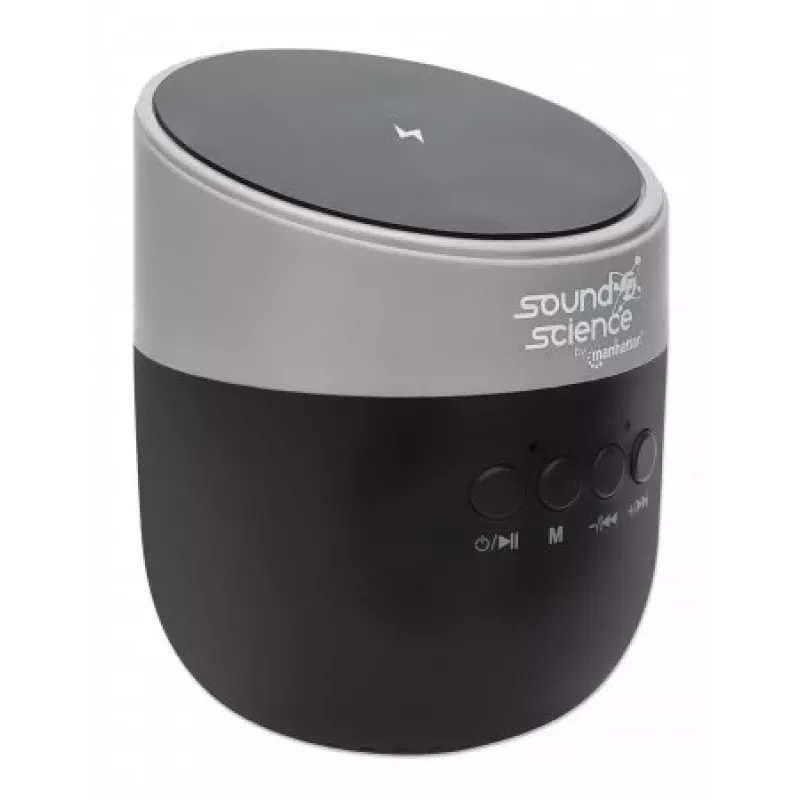 Altifalante Bluetooth metálico Manhattan com estação de carregamento sem fios, saída de som nítida (3 W), 3 horas de reprodução, estação de carregamento sem fios 5 W, controles integrados, alcance 10 m, leitor de cartões microSD, cabo de carregamento USB-A incluído, Bluetooth 5.0, garantia de 3 anos