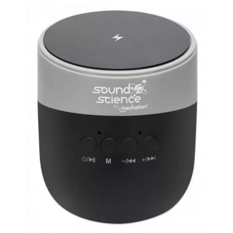 Altifalante Bluetooth metálico Manhattan com estação de carregamento sem fios, saída de som nítida (3 W), 3 horas de reprodução, estação de carregamento sem fios 5 W, controles integrados, alcance 10 m, leitor de cartões microSD, cabo de carregamento USB-A incluído, Bluetooth 5.0, garantia de 3 anos