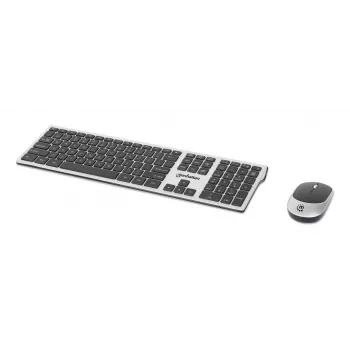 Recetor nano USB-A único Manhattan para ambos, teclado sem fios de tamanho normal, rato ótico ambidestro com três botões e roda de deslocamento, 1200 dpi, prateado/preto